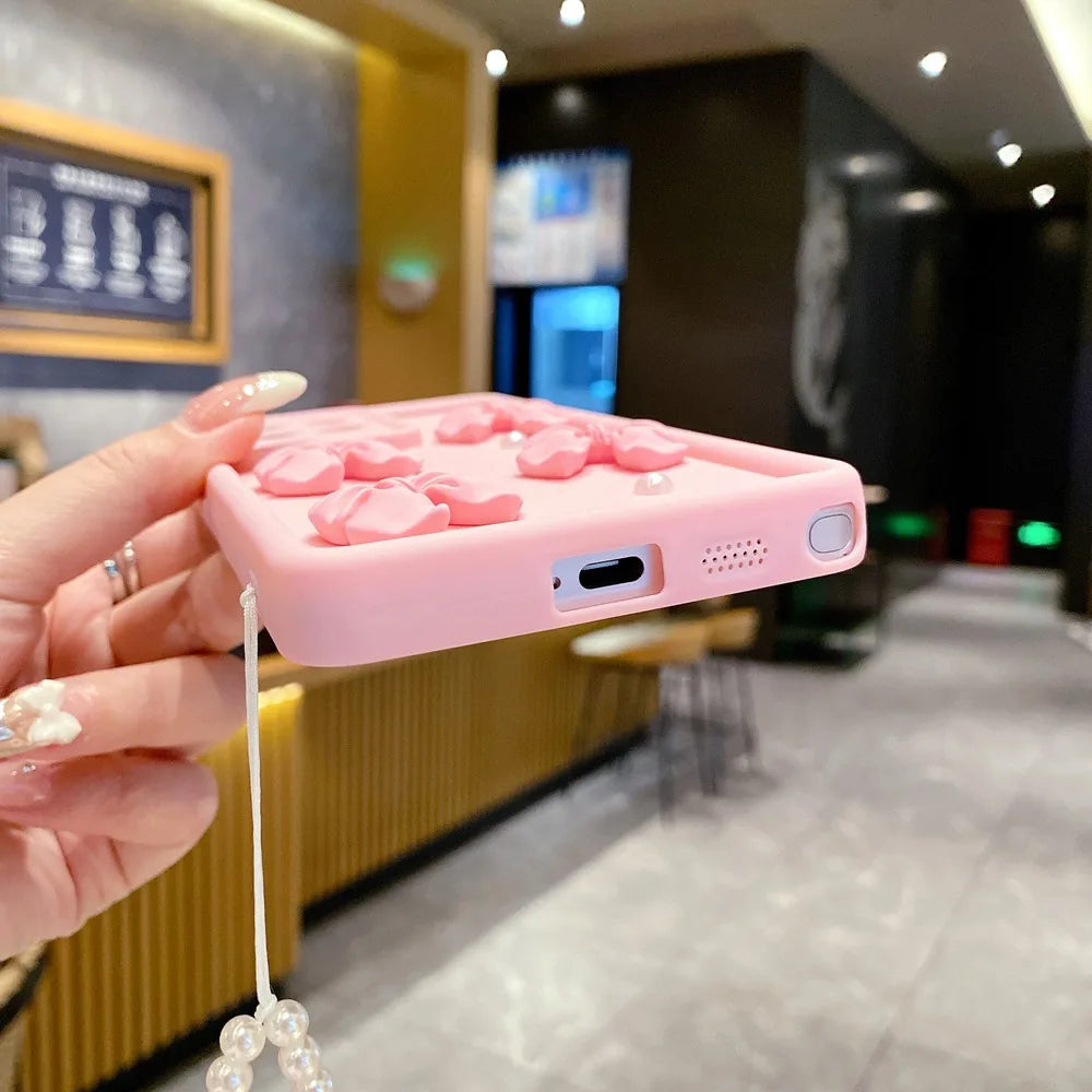 3D Pearl Pink Bow Lanyard Phone Case For Samsung