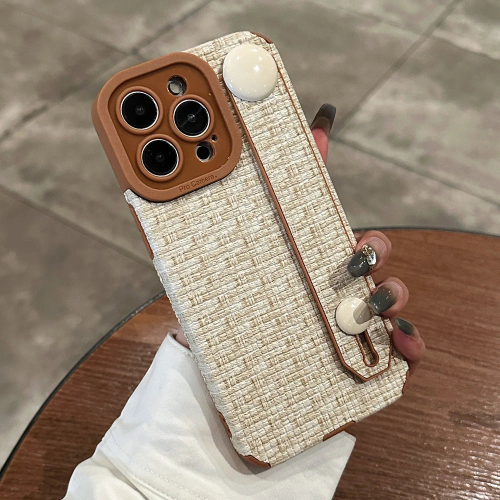 Weave Pattern Wrist Strap Holder Stand Case For iPhone