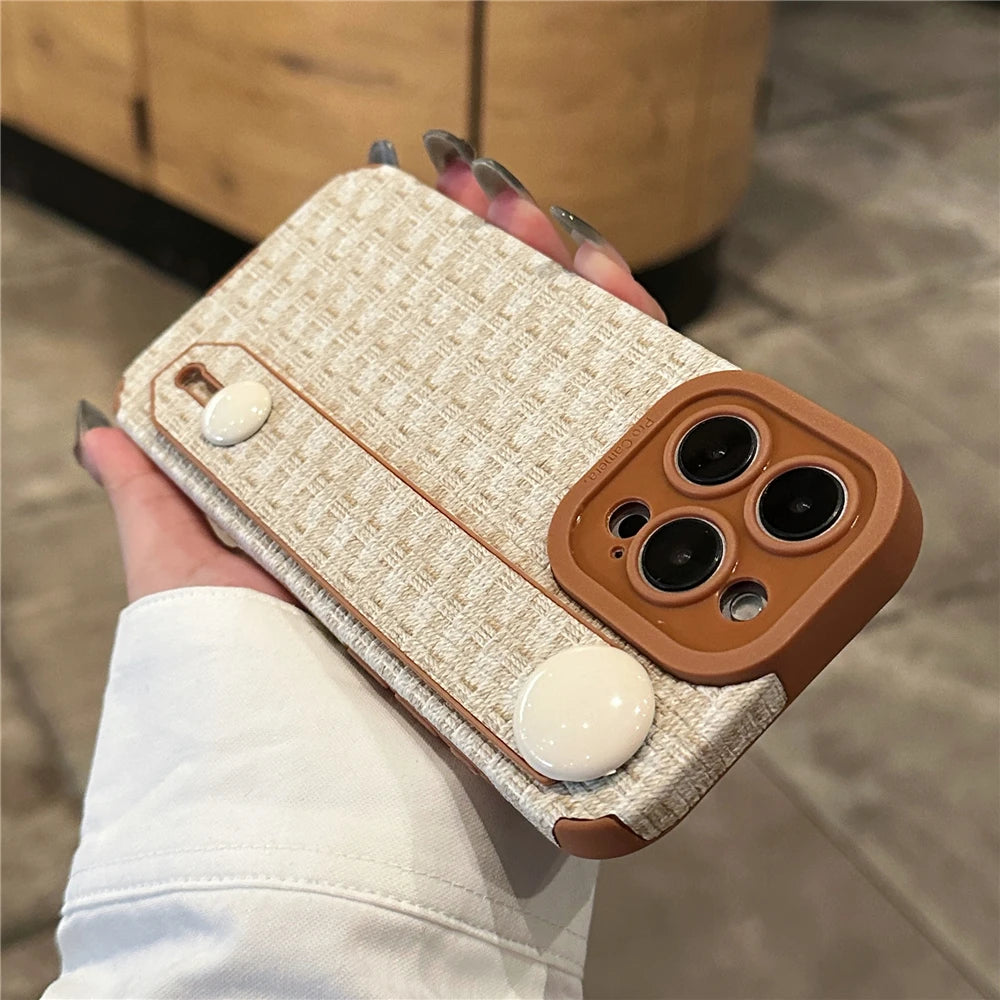 Weave Pattern Wrist Strap Holder Stand Case For iPhone
