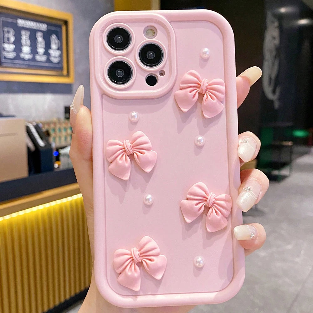 3D Bowknot Pearl Silicone Phone Case For iPhone
