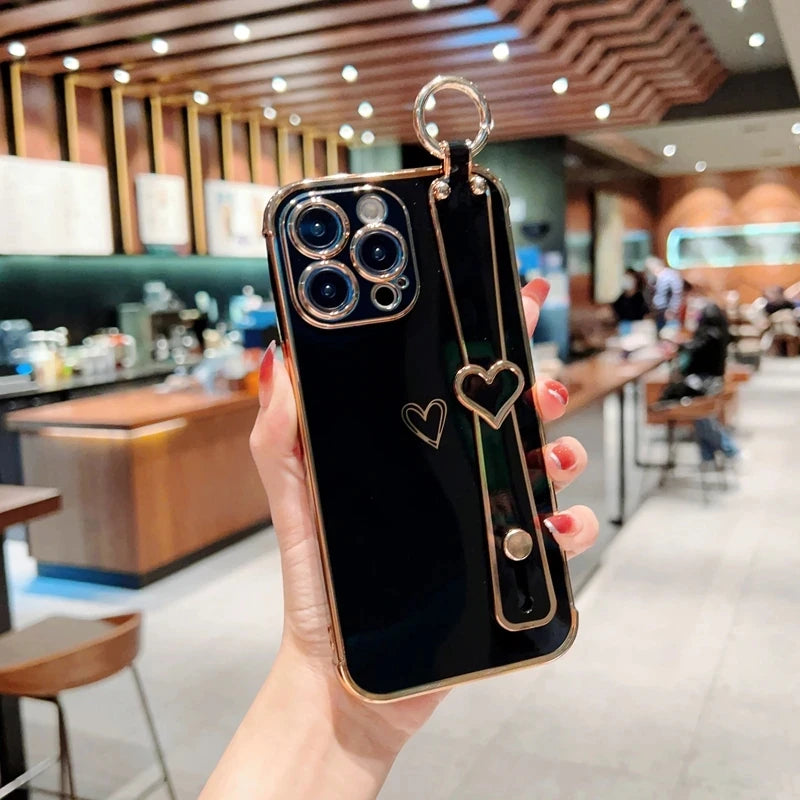 Plating Wrist Strap Holder Love Heart Phone Case For iPhone