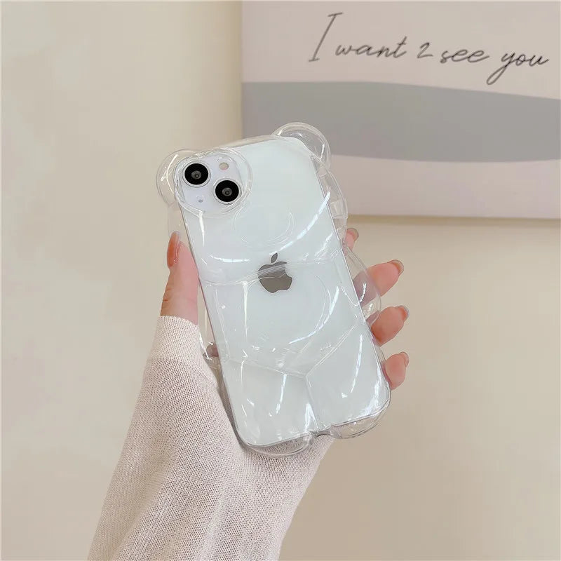 Cartoon 3D Bear Shape Clear Case For iPhone