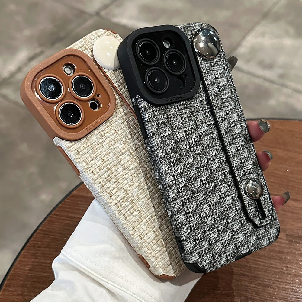 Weave Pattern Wrist Strap Holder Stand Case For iPhone