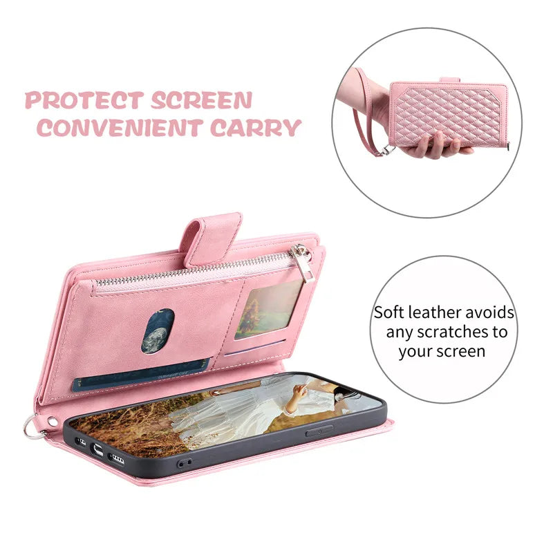 Zipper Leather Wallet Case with Lanyard for Samsung Galaxy