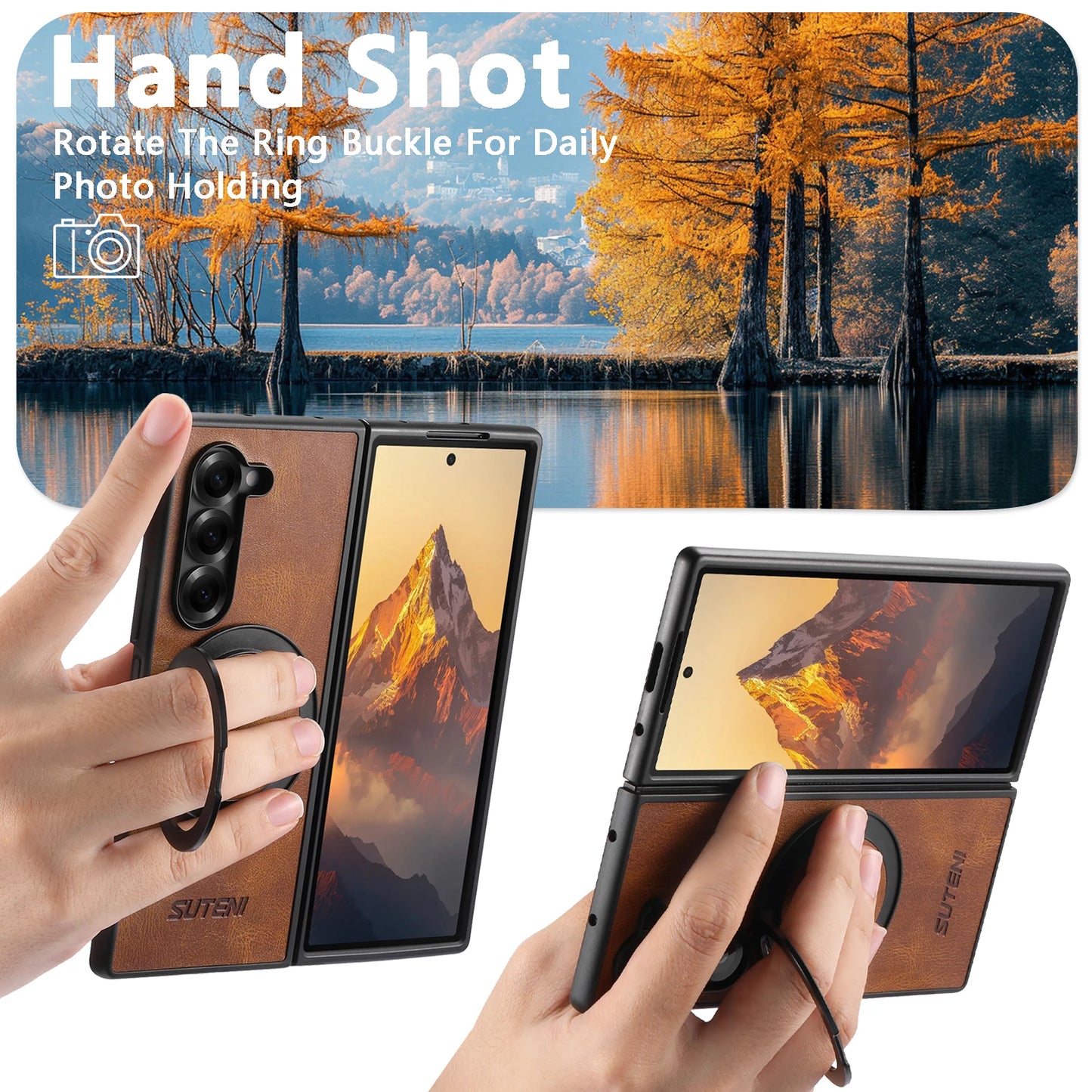 Oil Wax Faux Leather 360° Rotating Stand Buckle For Samsung Galaxy Z Fold