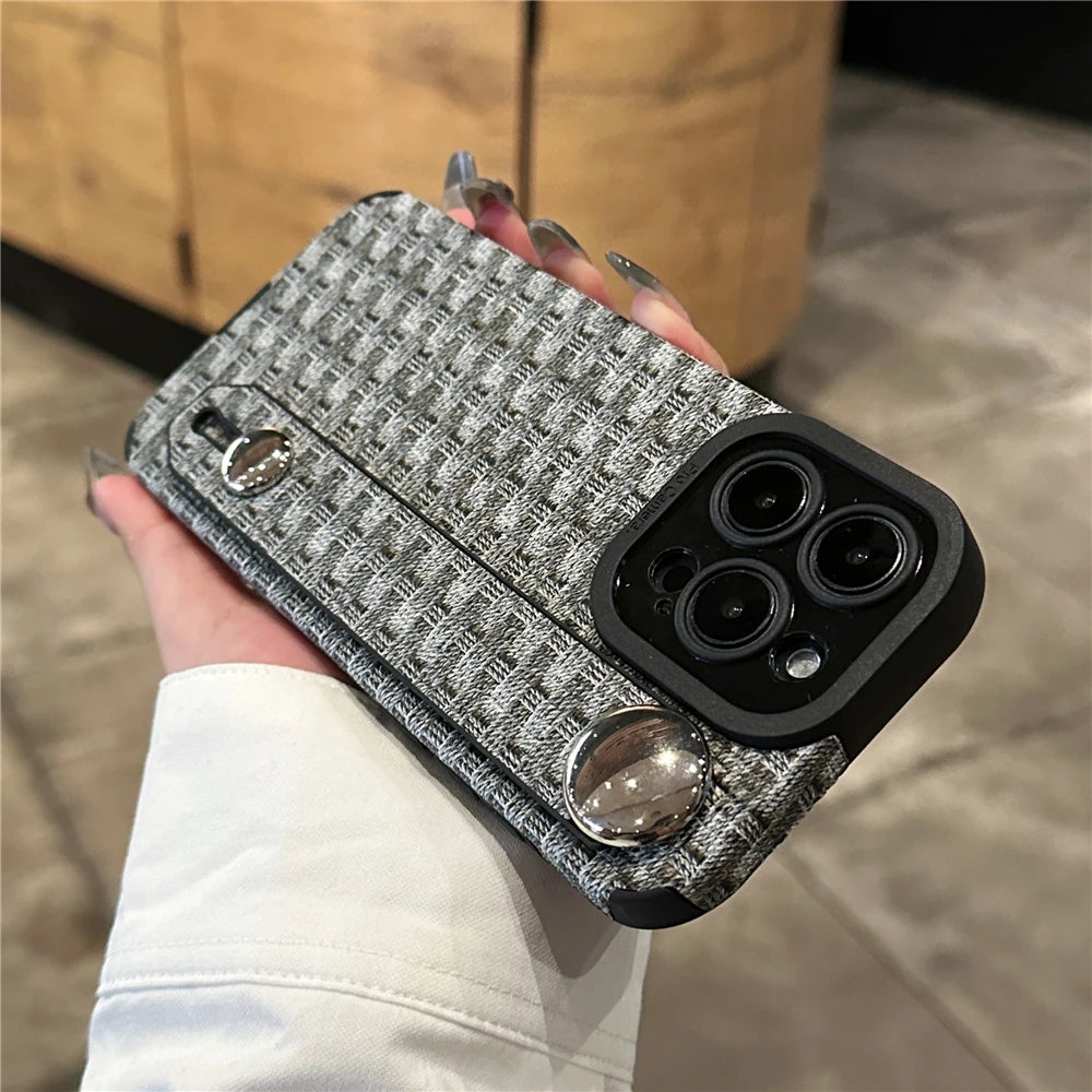 Weave Pattern Wrist Strap Holder Stand Case For iPhone