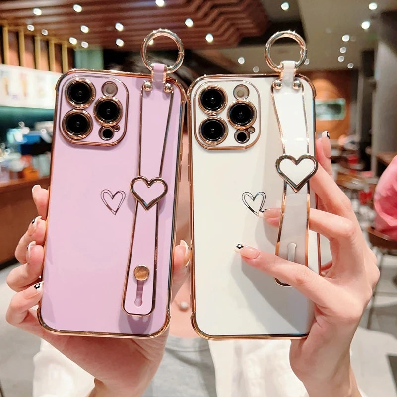 Plating Wrist Strap Holder Love Heart Phone Case For iPhone