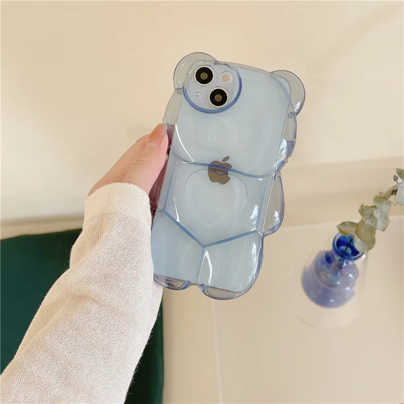 Cartoon 3D Bear Shape Clear Case For iPhone