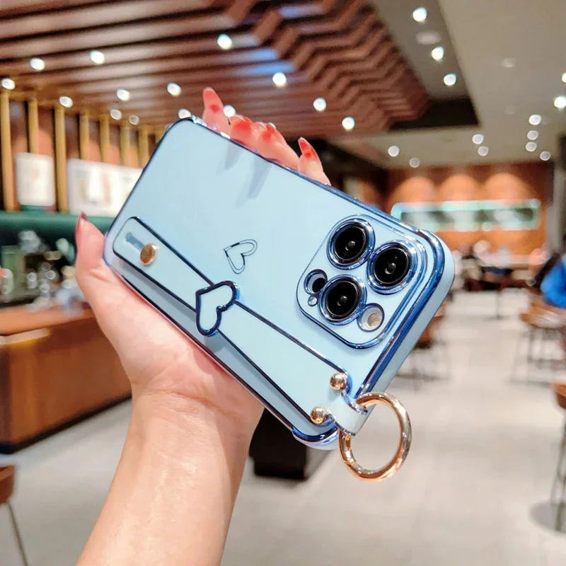 Plating Wrist Strap Holder Love Heart Phone Case For iPhone