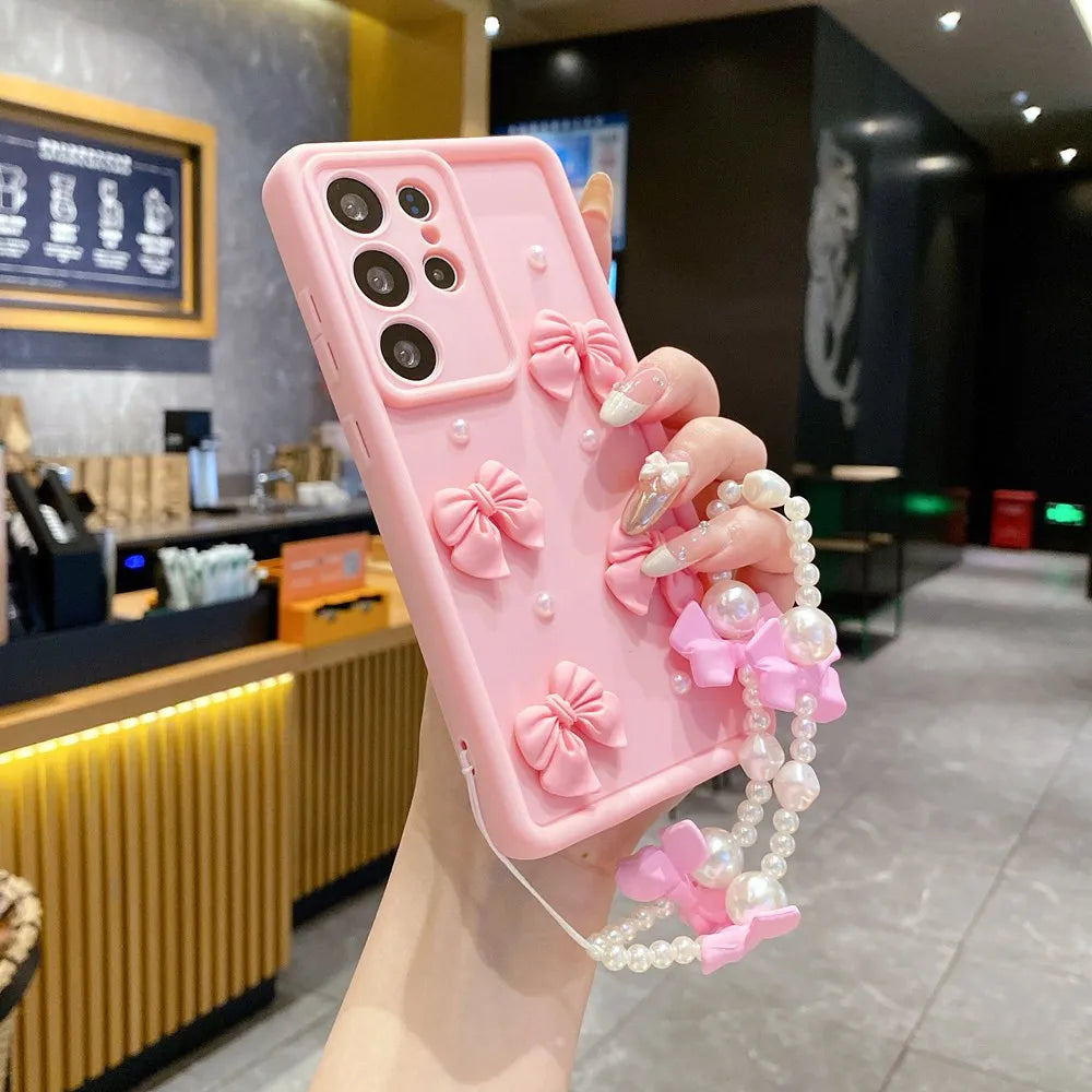 3D Pearl Pink Bow Lanyard Phone Case For Samsung