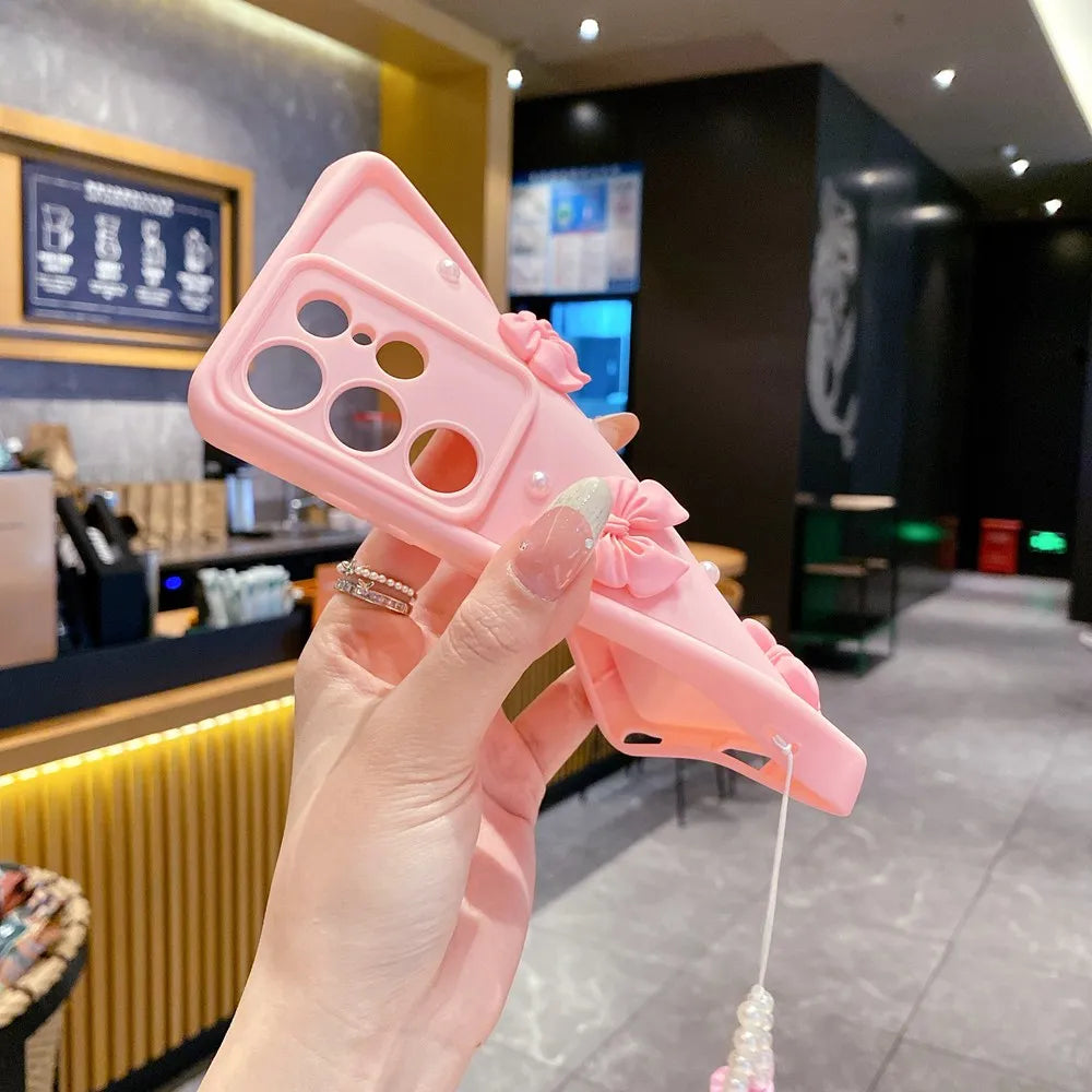 3D Pearl Pink Bow Lanyard Phone Case For Samsung
