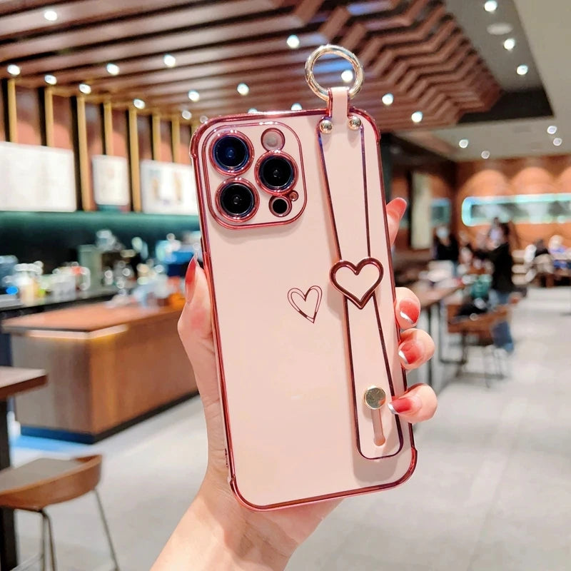 Plating Wrist Strap Holder Love Heart Phone Case For iPhone