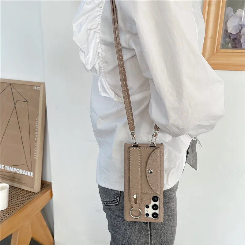 Crossbody Leather Wallet Card Ring Holder with Strap