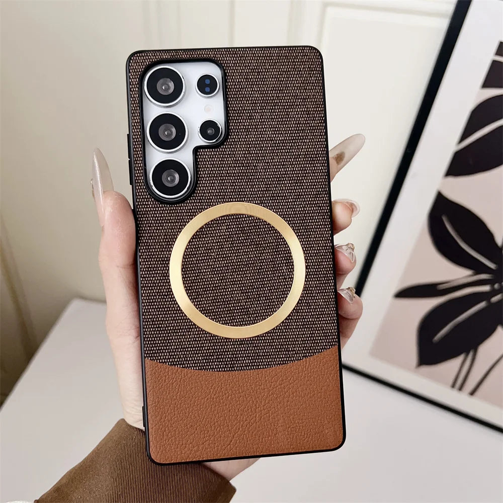 Luxury Patchwork Leather Magnetic Phone Case For Samsung