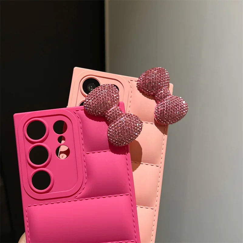 Diamond Kitty Bowknot Soft Down Jacket Phone Case For Samsung