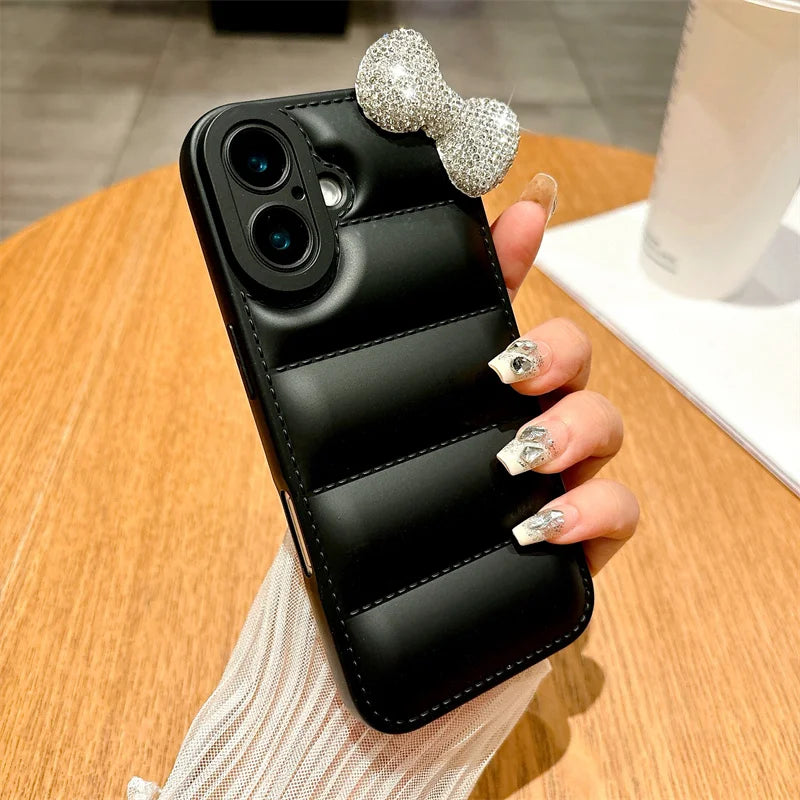 Diamond Kitty Bowknot Soft Down Jacket Phone Case For Samsung