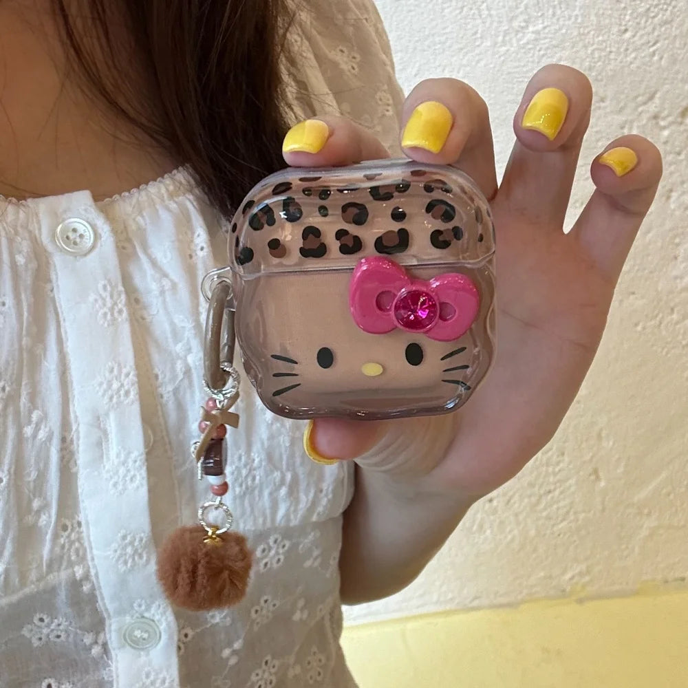 3D Bow Leopard Print KT Cat Case for AirPods