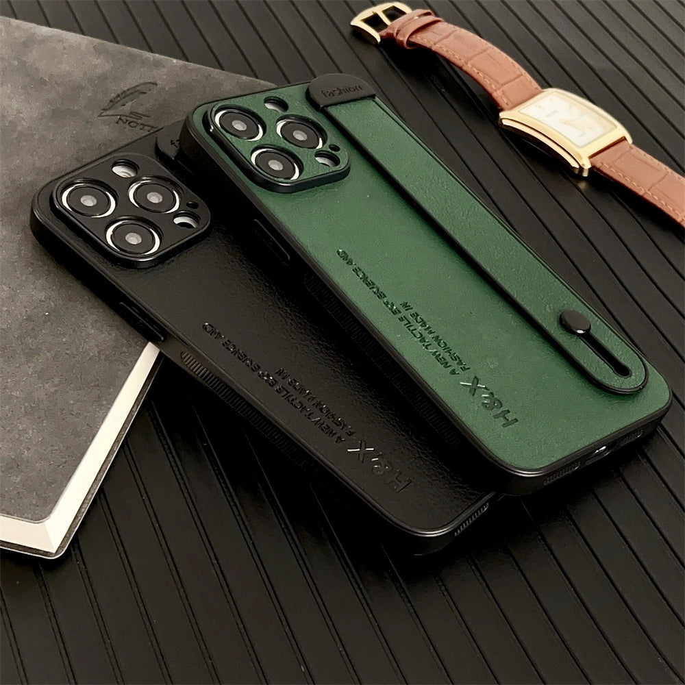 Luxury Sheepskin Leather Texture Wrist Strap Holder Case For iPhone