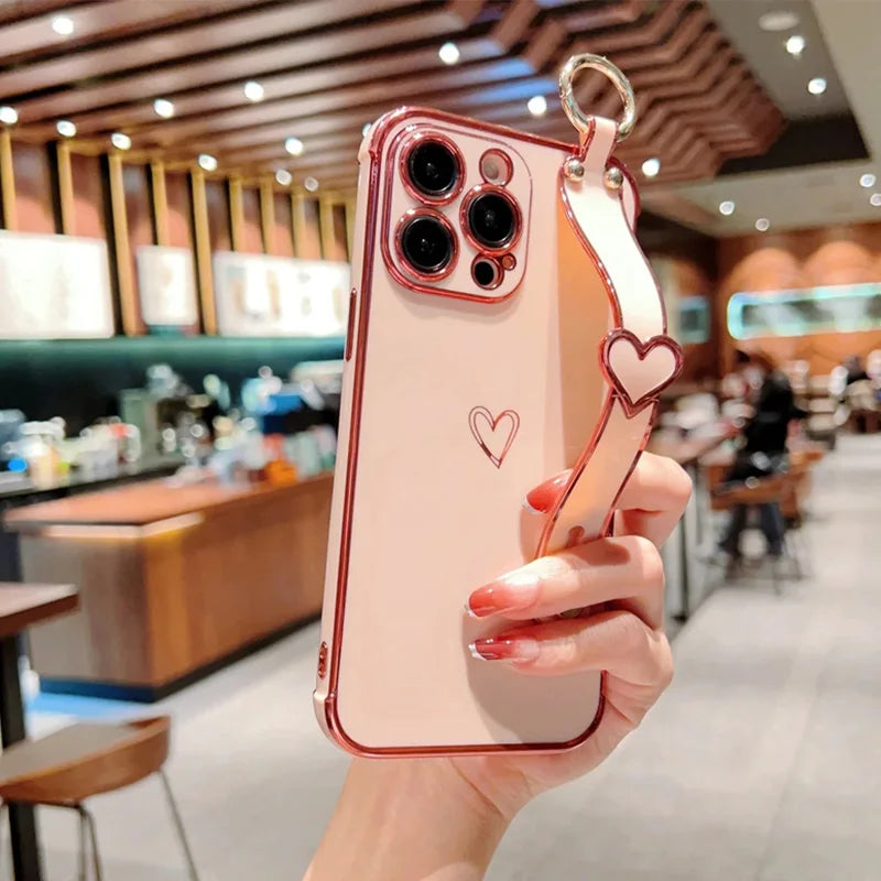 Plating Wrist Strap Holder Love Heart Phone Case For iPhone