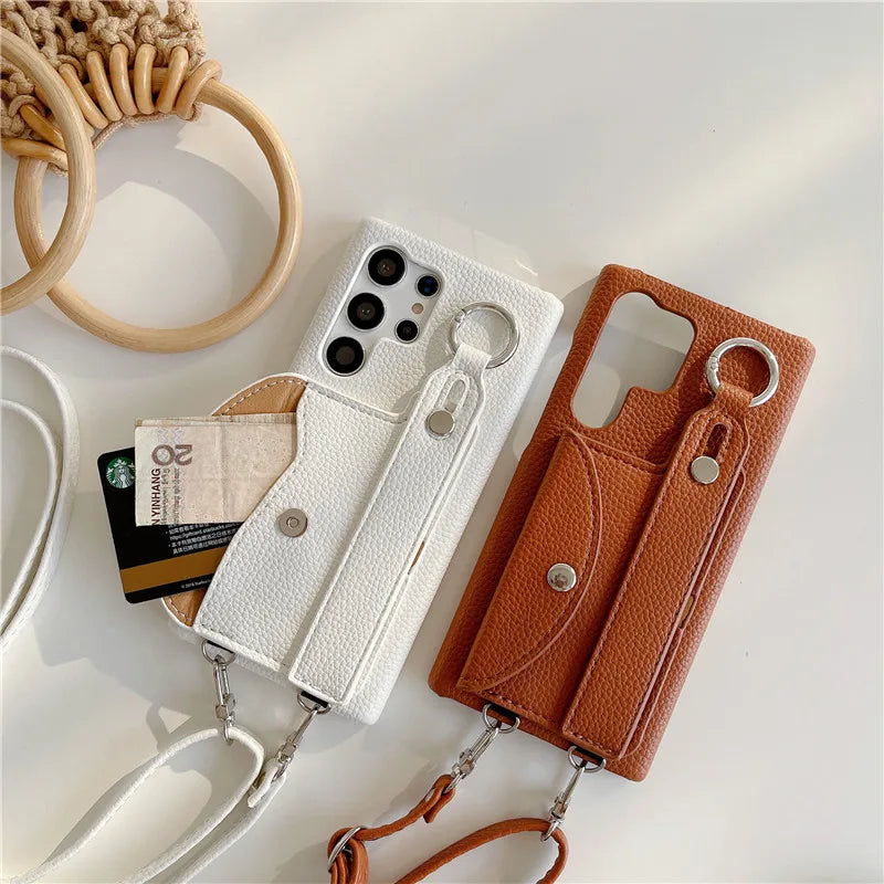 Crossbody Leather Wallet Card Ring Holder with Strap