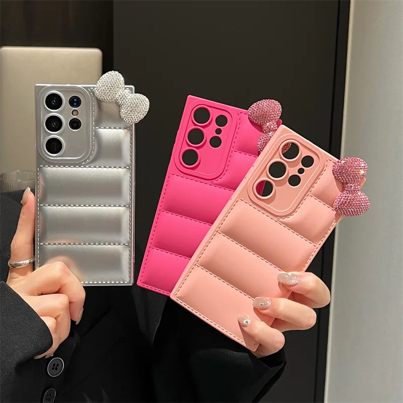 Diamond Kitty Bowknot Soft Down Jacket Phone Case For Samsung