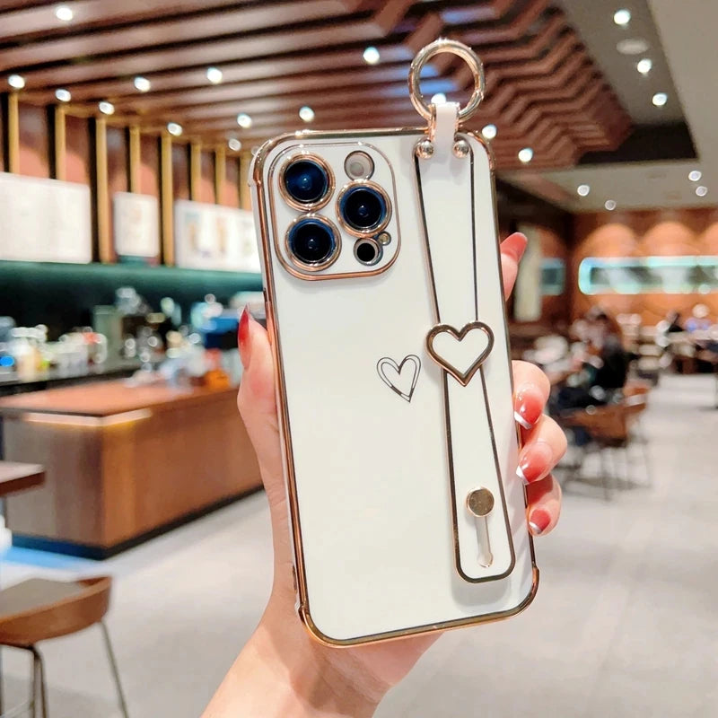 Plating Wrist Strap Holder Love Heart Phone Case For iPhone