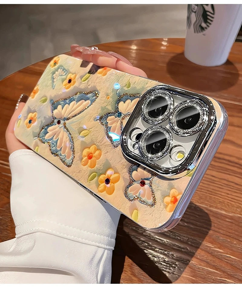 Luxury Butterfly Flowers Laser Glitter Phone Case For iPhone