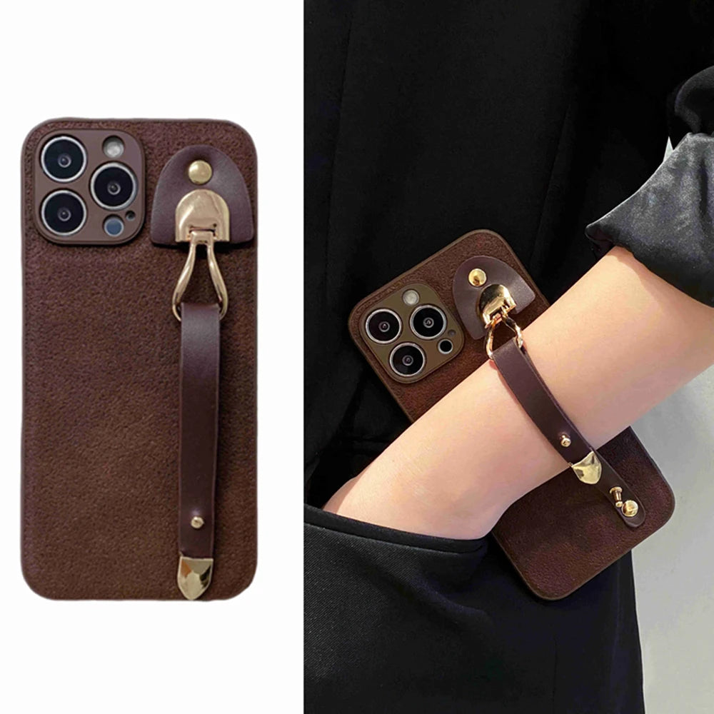 Vintage leather wrist strap phone case for iphone