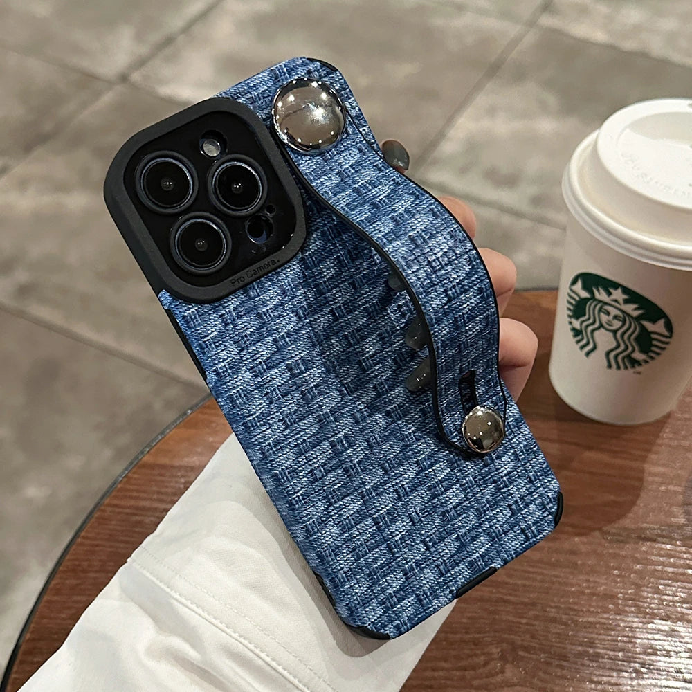 Weave Pattern Wrist Strap Holder Stand Case For iPhone