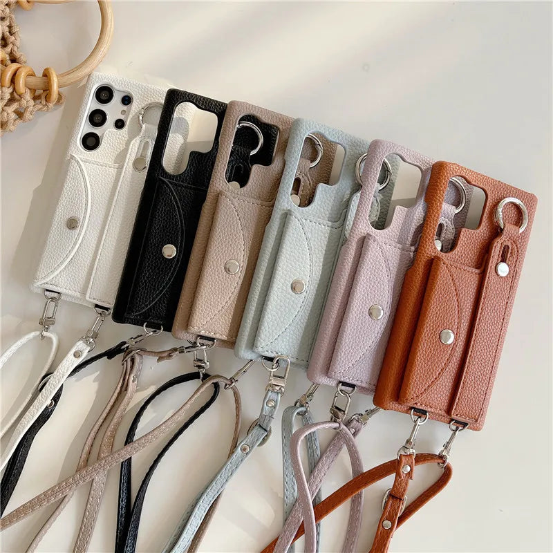 Crossbody Leather Wallet Card Ring Holder with Strap