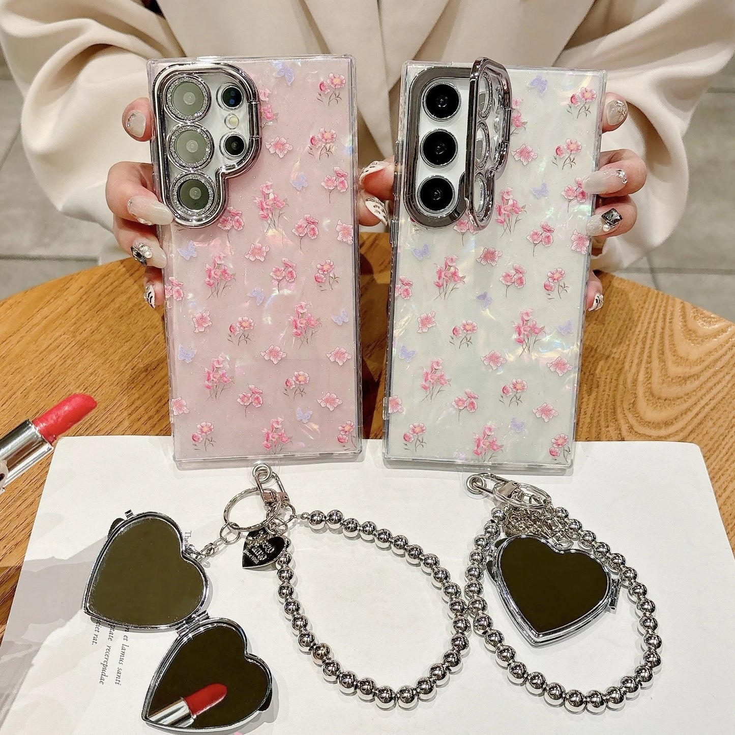 Glitter Flower Heart Mirror Wrist Strap Case for Samsung