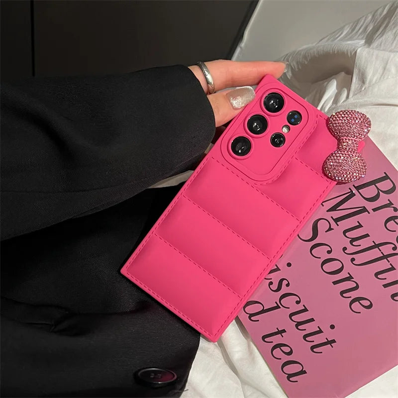 Diamond Kitty Bowknot Soft Down Jacket Phone Case For Samsung
