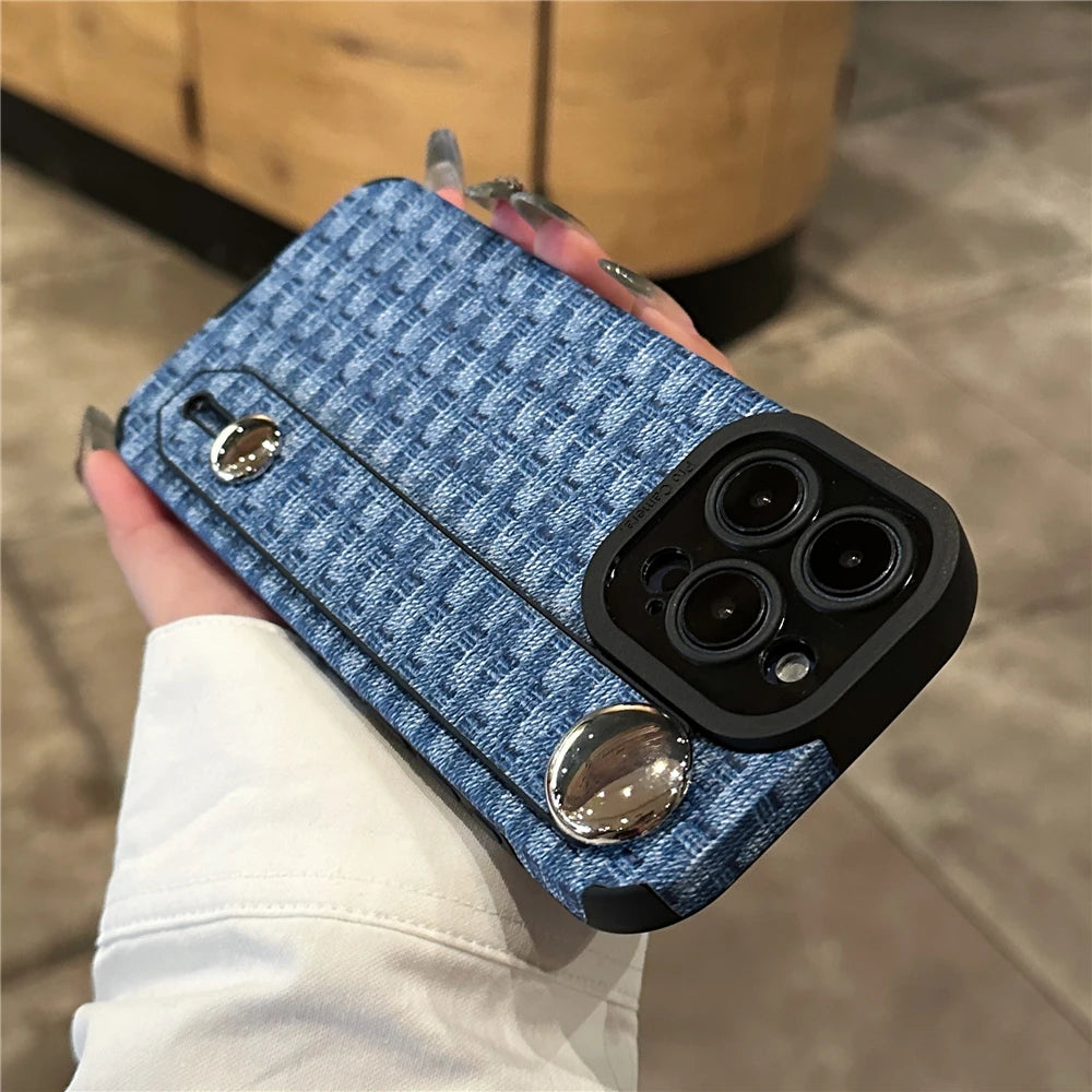 Weave Pattern Wrist Strap Holder Stand Case For iPhone