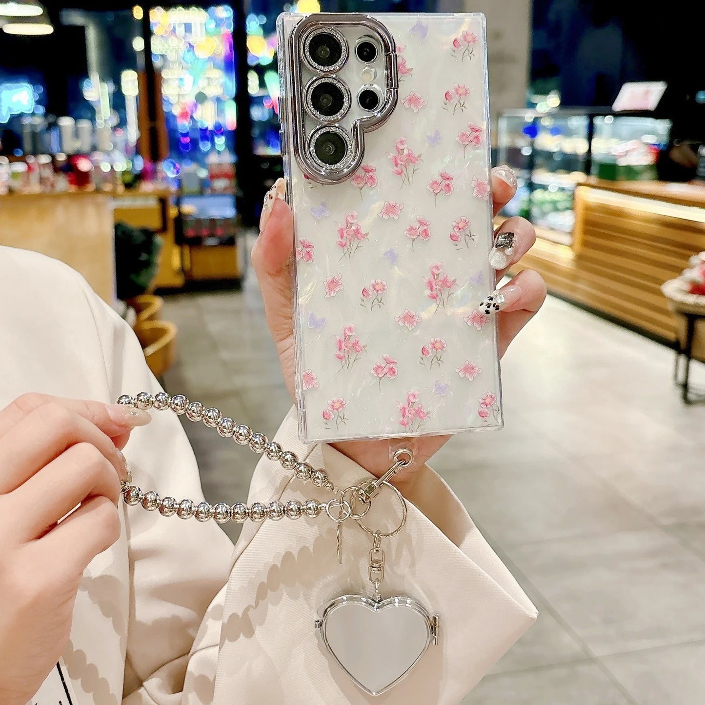 Glitter Flower Heart Mirror Wrist Strap Case for Samsung