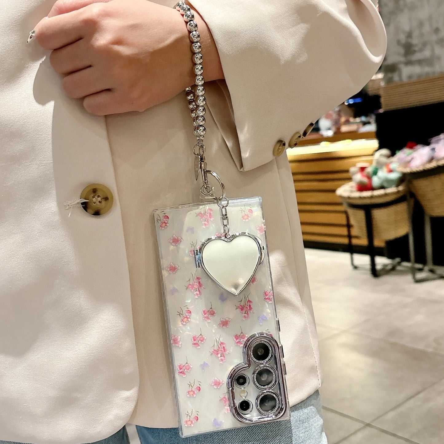 Glitter Flower Heart Mirror Wrist Strap Case for Samsung