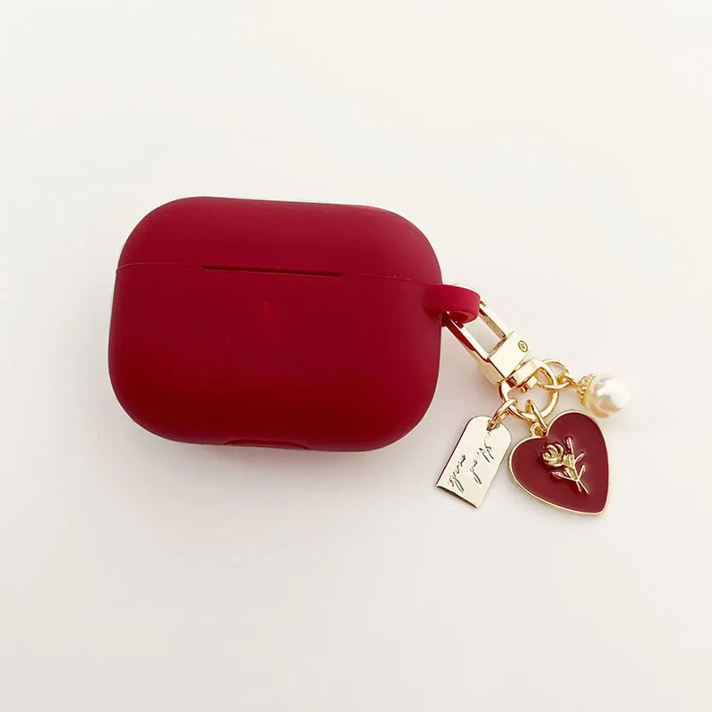 Red Silicone Roses Pearl Airpods Case with Keychain