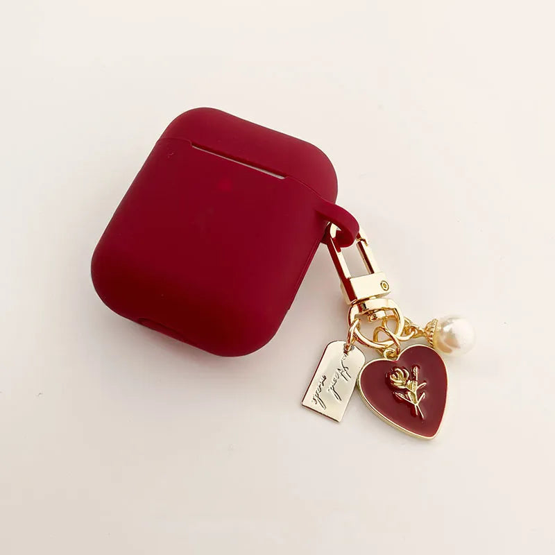 Red Silicone Roses Pearl Airpods Case with Keychain