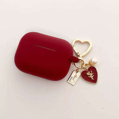 Red Silicone Roses Pearl Airpods Case with Keychain