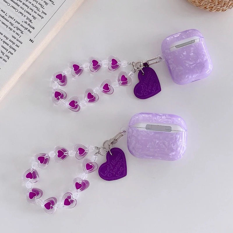 Luxury Purple Shells AirPod Cases with Crystal Love Keychain