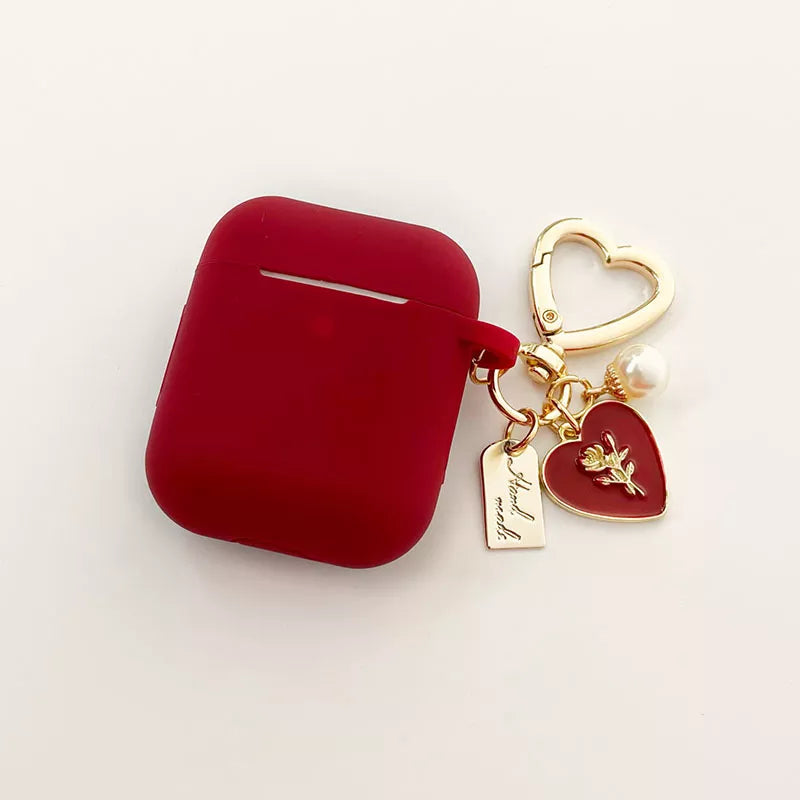 Red Silicone Roses Pearl Airpods Case with Keychain