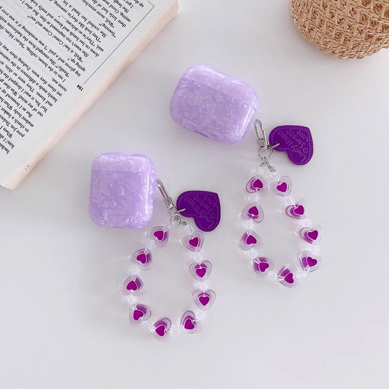 Luxury Purple Shells AirPod Cases with Crystal Love Keychain