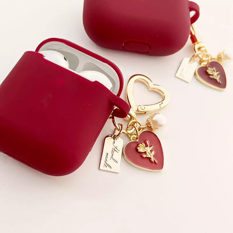 Red Silicone Roses Pearl Airpods Case with Keychain