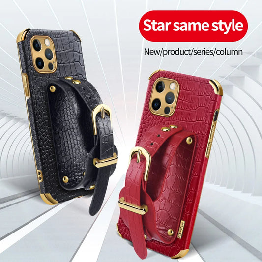 Wrist Strap Crocodile Leather Case For iPhone