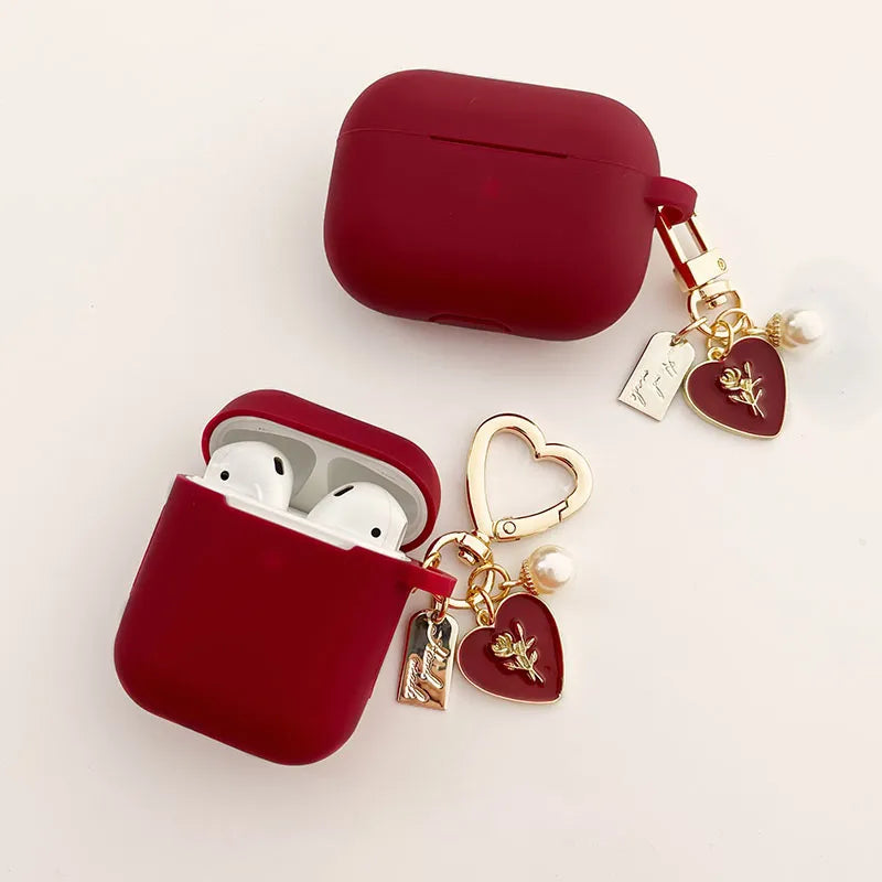 Red Silicone Roses Pearl Airpods Case with Keychain