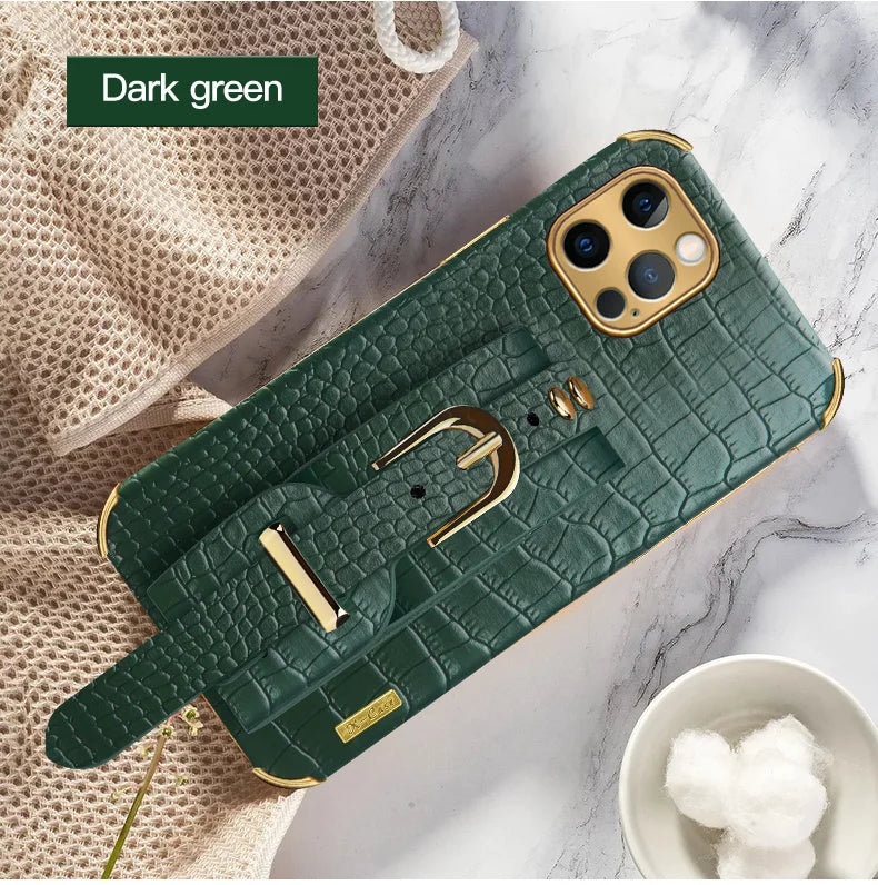 Wrist Strap Crocodile Leather Case For iPhone