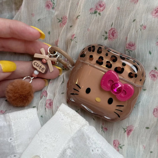 3D Bow Leopard Print KT Cat Case for AirPods