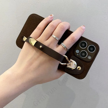 Retro Leather Coffee Wrist Strap Phone Case For iphone