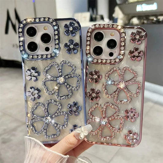 Flowers Flash Diamond Plating Frame Phone Case For iPhone