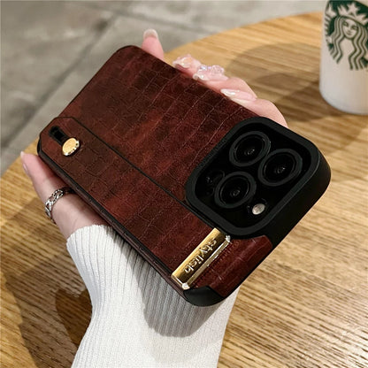 Wrist Strap Holder Crocodile Leather Pattern Phone Case For iPhone