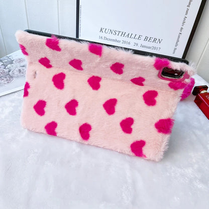 Furry Cover Love Heart Pendant Plush Flip Case For iPad